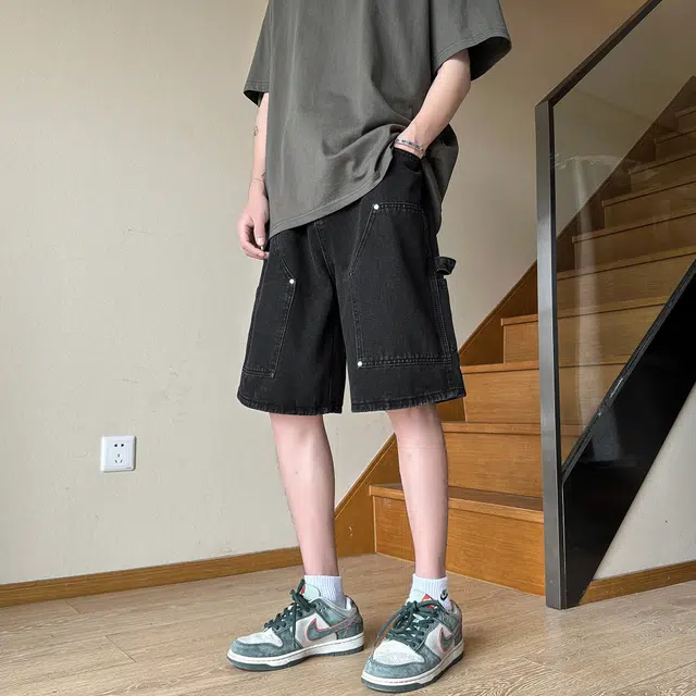 中国航天 破洞美式复古水洗做旧铆钉休闲工装大口袋牛仔短裤 男女同款