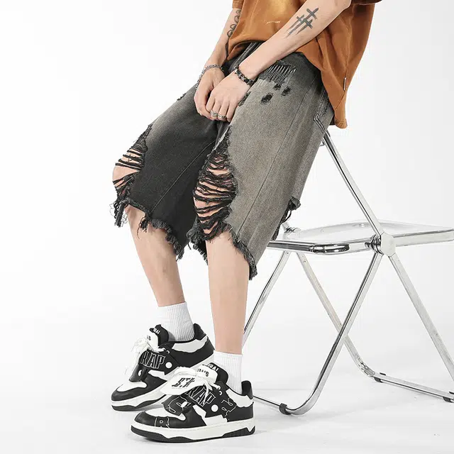 中国航天 美式街头破洞潮流直筒渐变牛仔短裤 男女同款 黑色