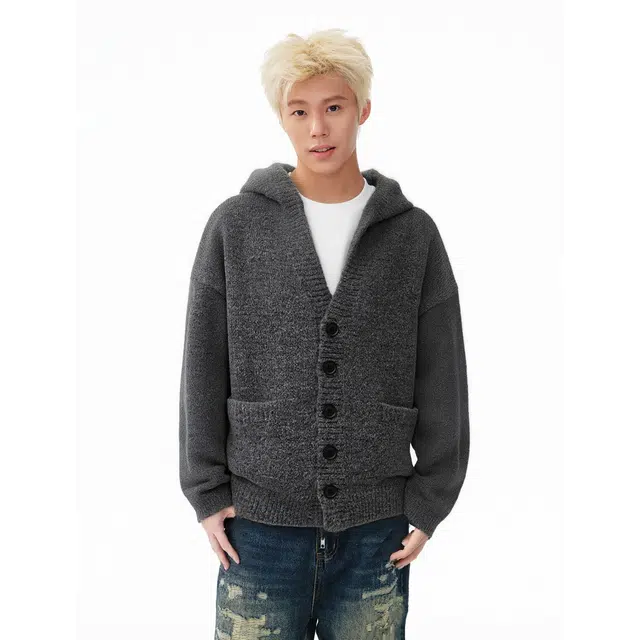 中国航天 纯色基础款潮流百搭简约连帽高级慵懒针织长袖外套美式复古宽松休闲柔软保暖防寒氛围感单排扣开衫毛衣 男女同款