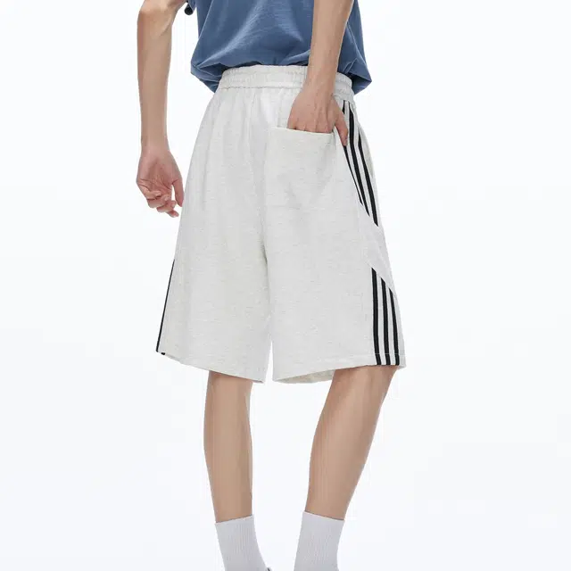 中国航天 美式复古条纹拼接弧形结构宽松户外中腰系带五分裤休闲短裤 男女同款