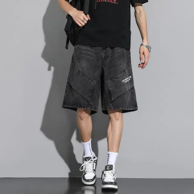 中国航天 休闲百搭美式高街痞帅高级感舒适透气耐磨立体拼接挺括有型宽松夏季牛仔短裤 男女同款