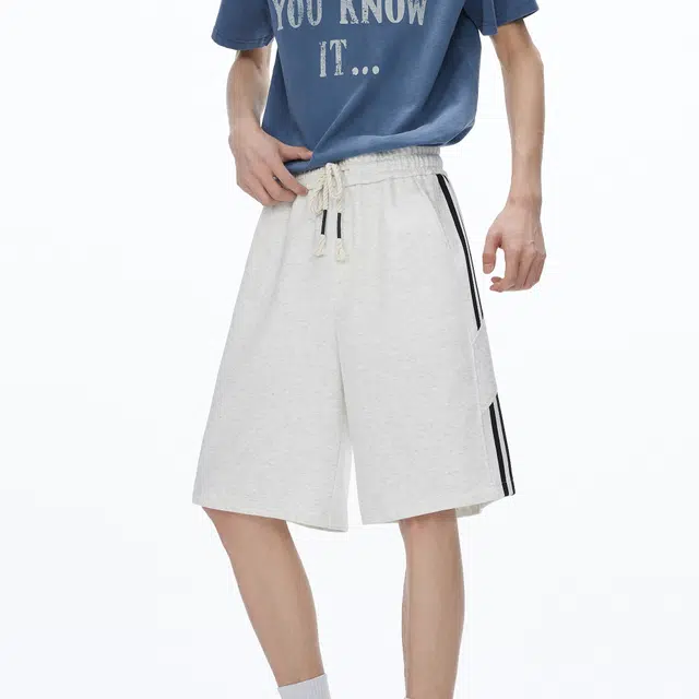 中国航天 美式复古条纹拼接弧形结构宽松户外中腰系带五分裤休闲短裤 男女同款