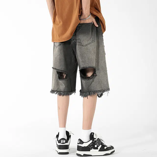 中国航天 美式街头破洞潮流直筒渐变牛仔短裤 男女同款 黑色
