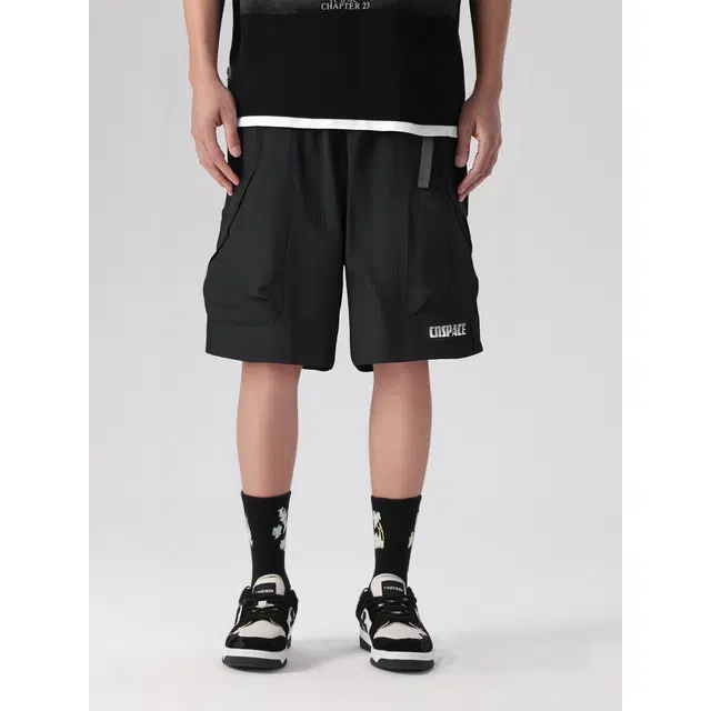 中国航天 美式经典复古字母宽松舒适纯色工装短裤 男女同款