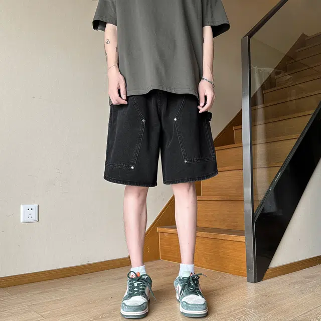 中国航天 破洞美式复古水洗做旧铆钉休闲工装大口袋牛仔短裤 男女同款