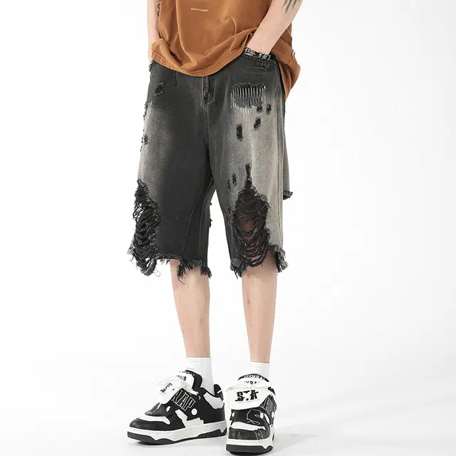 中国航天 美式街头破洞潮流直筒渐变牛仔短裤 男女同款 黑色