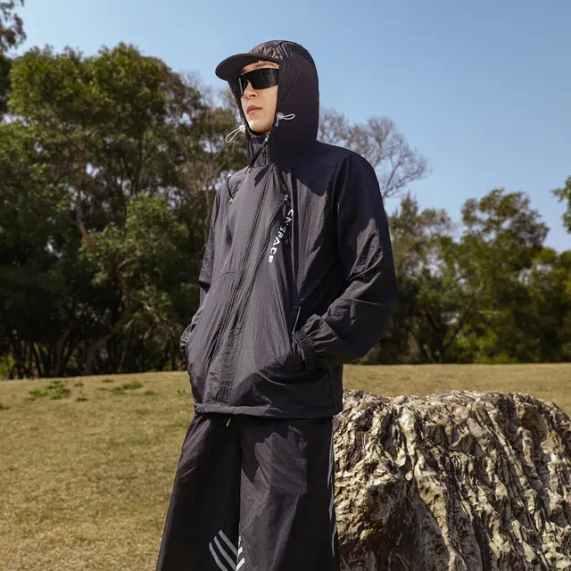 中国航天 凉感科技吸湿排汗薄款户外运动训练跑步皮肤衣开衫休闲宽松纯色连帽 超轻透气防紫外线防晒服 男女同款