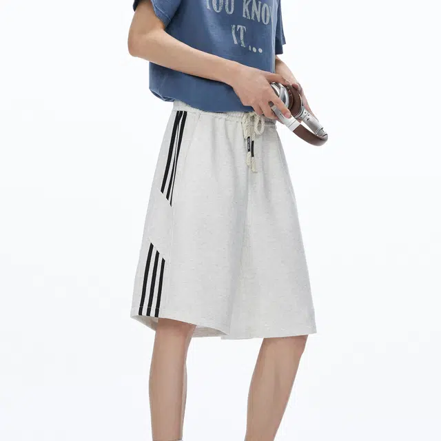 中国航天 美式复古条纹拼接弧形结构宽松户外中腰系带五分裤休闲短裤 男女同款