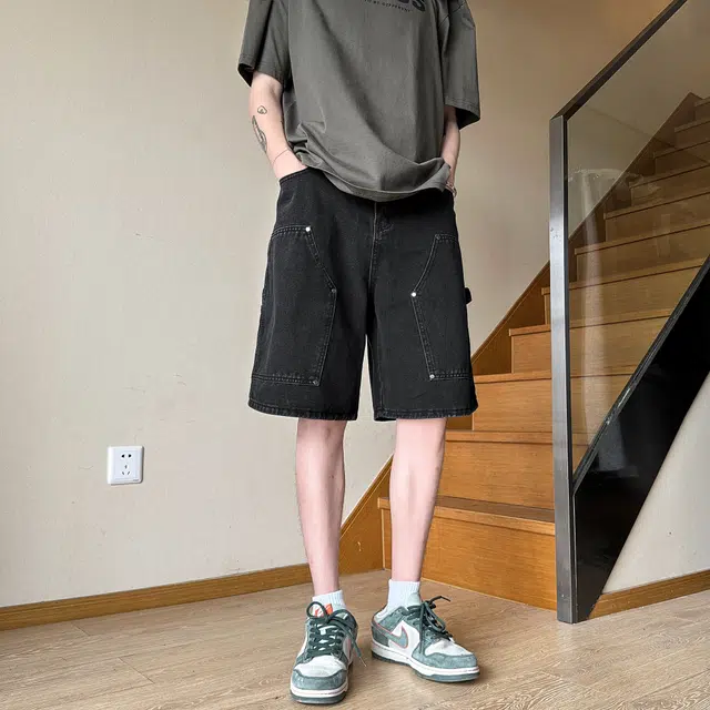 中国航天 破洞美式复古水洗做旧铆钉休闲工装大口袋牛仔短裤 男女同款