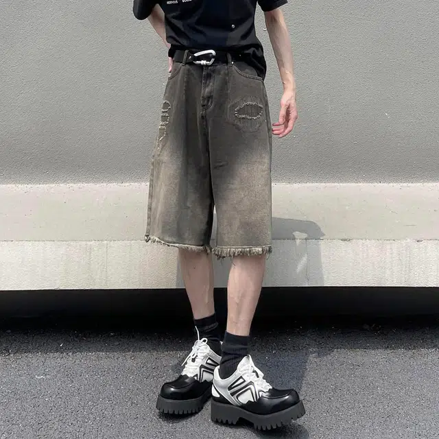 中国航天 美式复古百搭潮流高街宽松直筒休闲运动五分城市户外牛仔短裤 男女同款