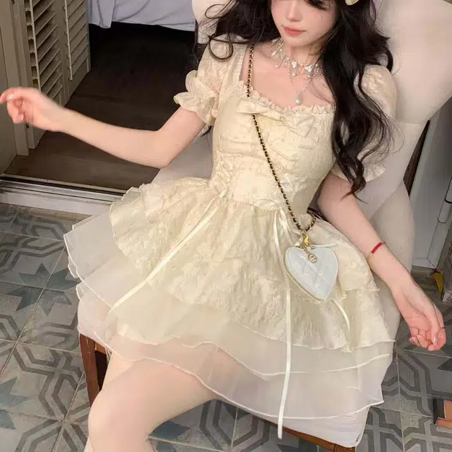 珠蒂美 公主风提花蝴蝶结欧根纱蓬蓬裙短袖连衣裙 女款