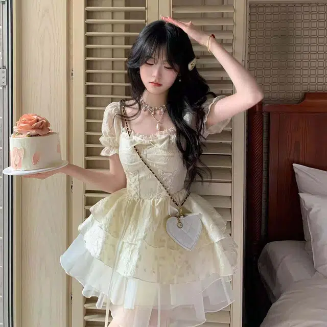 珠蒂美 公主风提花蝴蝶结欧根纱蓬蓬裙短袖连衣裙 女款