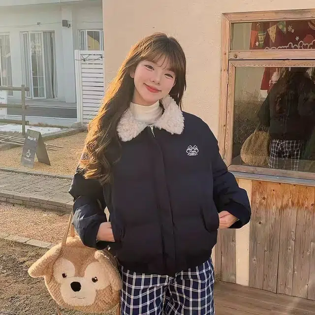 困住大象 美式复古翻领短款宽松保暖加厚毛领休闲外套通勤学院风棉服 女款