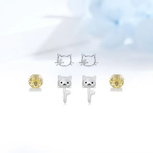 迎百宝 招财暴富猫咪 设计感精致高级感不重样三对套装 精致灵动一款多戴 合金 耳钉 男女同款情侣款