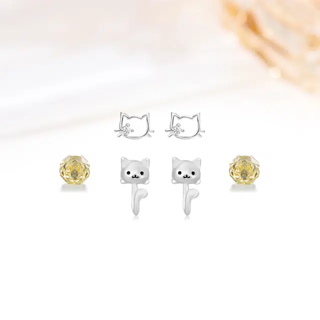 迎百宝 招财暴富猫咪 设计感精致高级感不重样三对套装 精致灵动一款多戴 合金 耳钉 男女同款情侣款