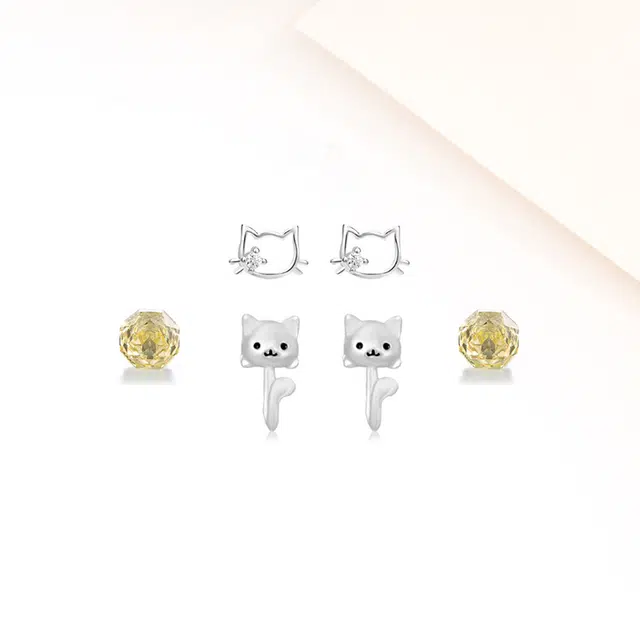 迎百宝 招财暴富猫咪 设计感精致高级感不重样三对套装 精致灵动一款多戴 合金 耳钉 男女同款情侣款