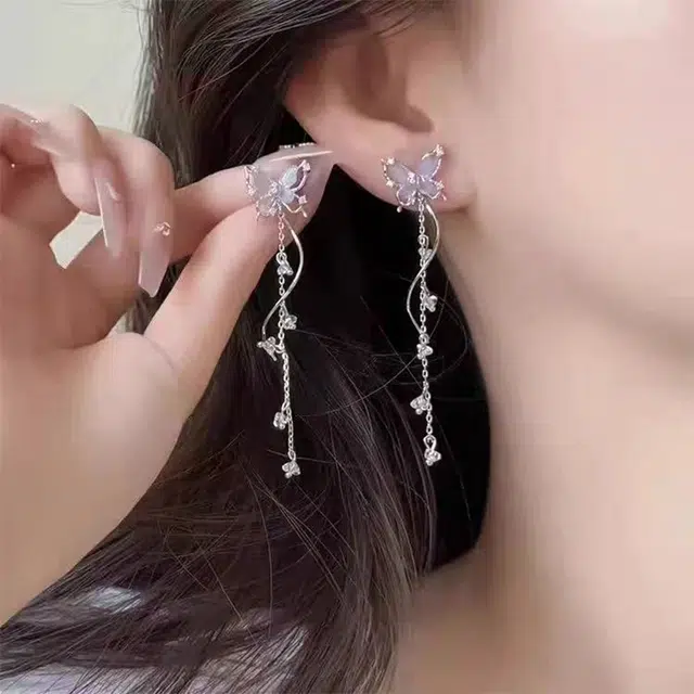 迎百宝 超仙韩版紫色蝴蝶流苏优雅时尚轻奢高级感小众气质精致独特个性耳饰#好运 合金 耳环 男女同款情侣款