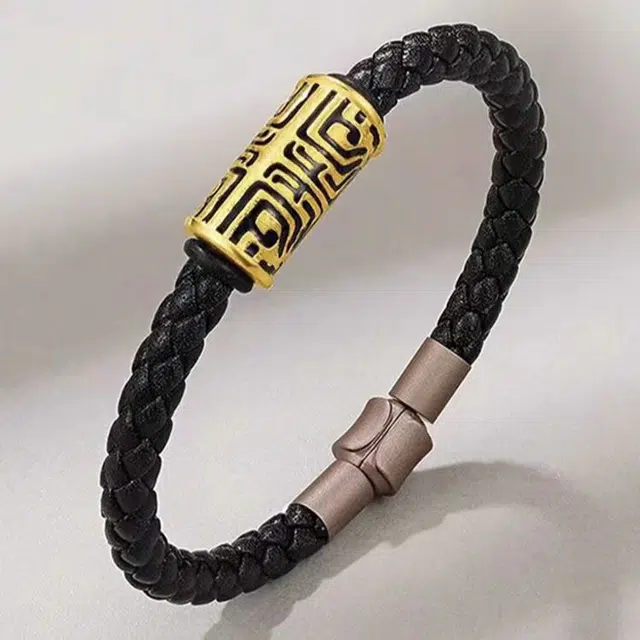 喜三福 【潮流黑金】招财纳福饕餮转运电黑工艺 素圈新中式国风时尚小众高级精致送礼盒物 足金 黄金 一口价 手链 男女同款情侣款