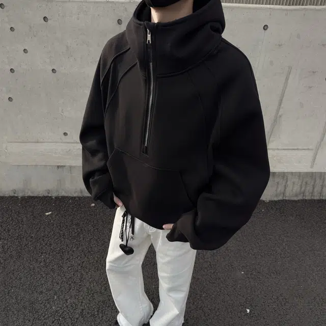 悍戈 美式复古高街风宽松半拉链设计休闲百搭学院风简约氛围感连帽拼接纯色潮流长袖时尚卫衣 男女同款