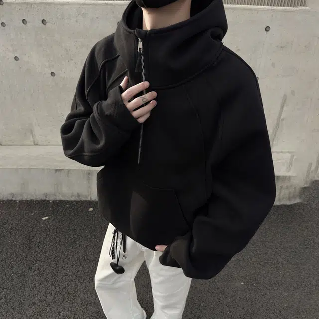 悍戈 美式复古高街风宽松半拉链设计休闲百搭学院风简约氛围感连帽拼接纯色潮流长袖时尚卫衣 男女同款