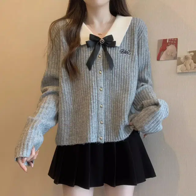 轻迎 法式学院风蝴蝶结长袖开衫针织衫 女款