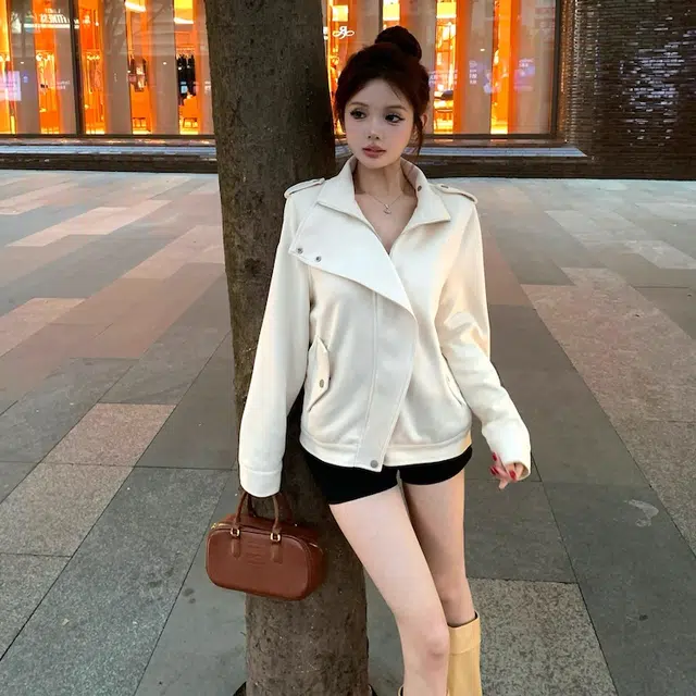 轻迎 高领麂皮绒常规长袖通勤上衣夹克 女款