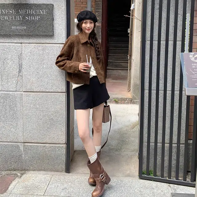 轻迎 复古麂皮绒飞行服修身型街头风夹克 女款