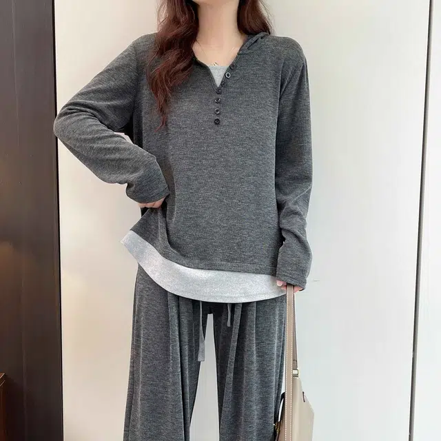 轻迎 假两件连帽上衣直筒拖地裤时尚显瘦休闲套装 女款
