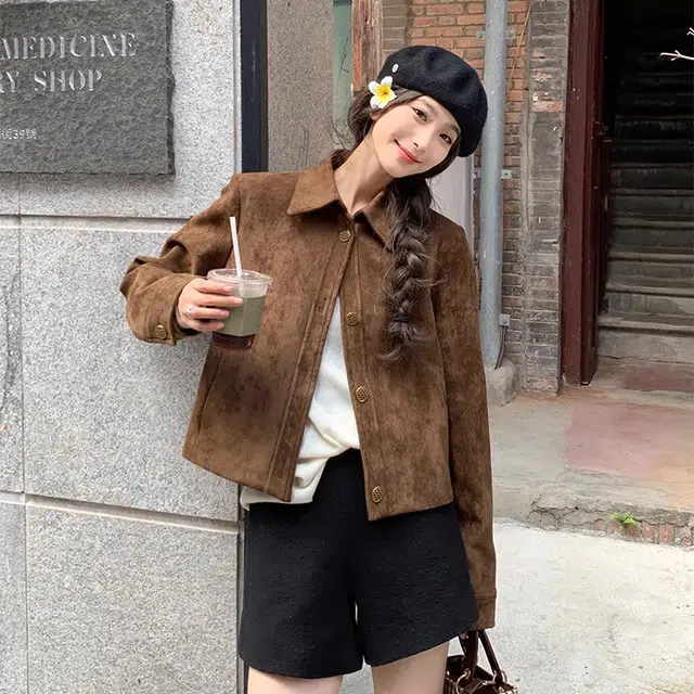 轻迎 复古麂皮绒飞行服修身型街头风夹克 女款