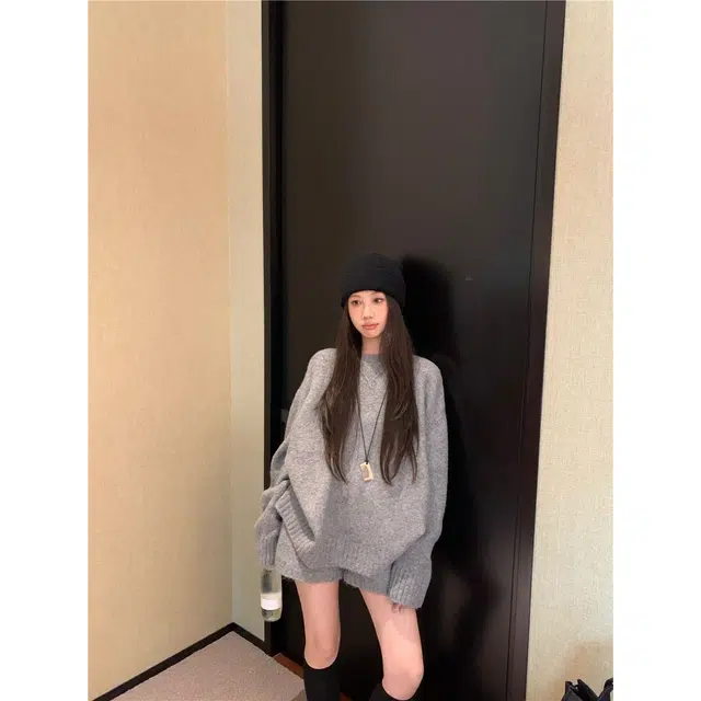 轻迎 复古韩系长袖宽松慵懒风毛衣高腰显瘦短裤两件套休闲套装 女款