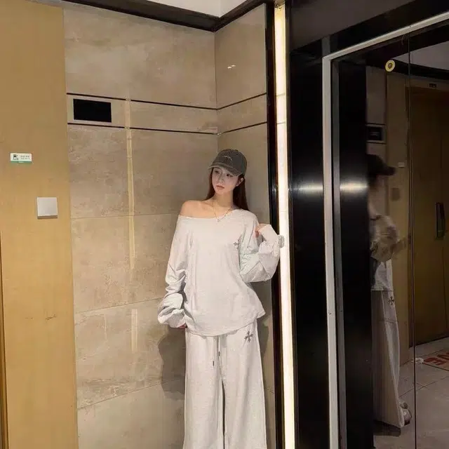 轻迎 慵懒纯色适宽松显瘦斜肩长袖卫衣长裤两件套休闲套装 女款