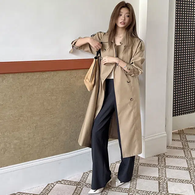 轻迎 复古时尚气质经典双排扣翻领系带外套风衣 女款