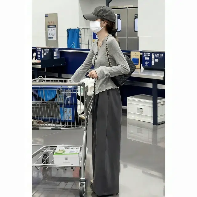 轻迎 气质韩系温柔收腰长袖系带上衣遮胯显瘦阔腿裤休闲套装 女款