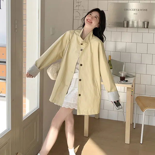 轻迎 韩系复古学院风条纹高级感中长款外套风衣 女款