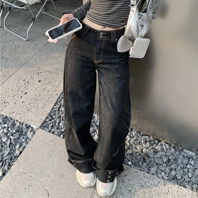 轻迎 复古风百搭设计感潮流时尚纽扣翻边宽松阔腿长裤子牛仔裤 女款