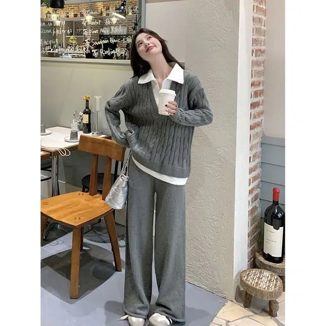 轻迎 时尚拼接假两件毛衣高级感针织衫裤两件套休闲套装 女款