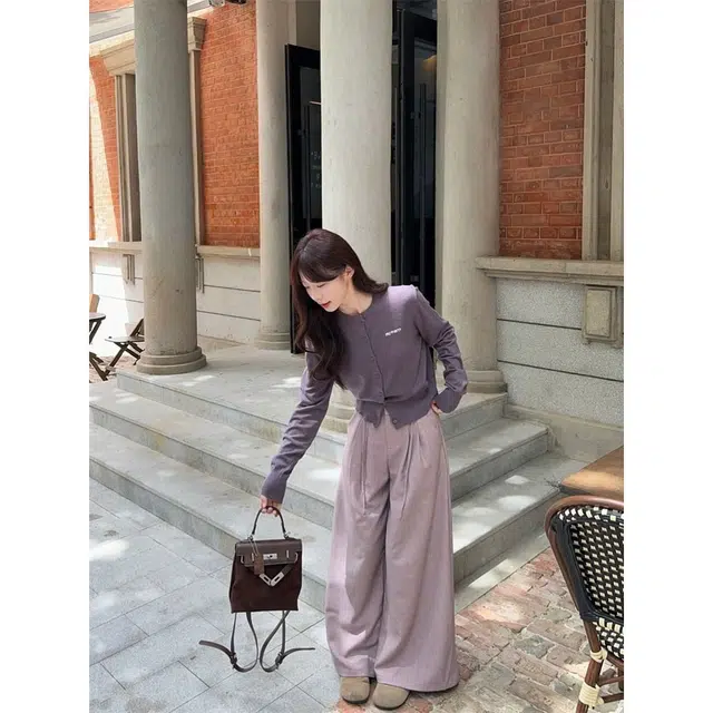 轻迎 简约时尚软糯针织开衫百搭设计感阔腿裤休闲套装 女款