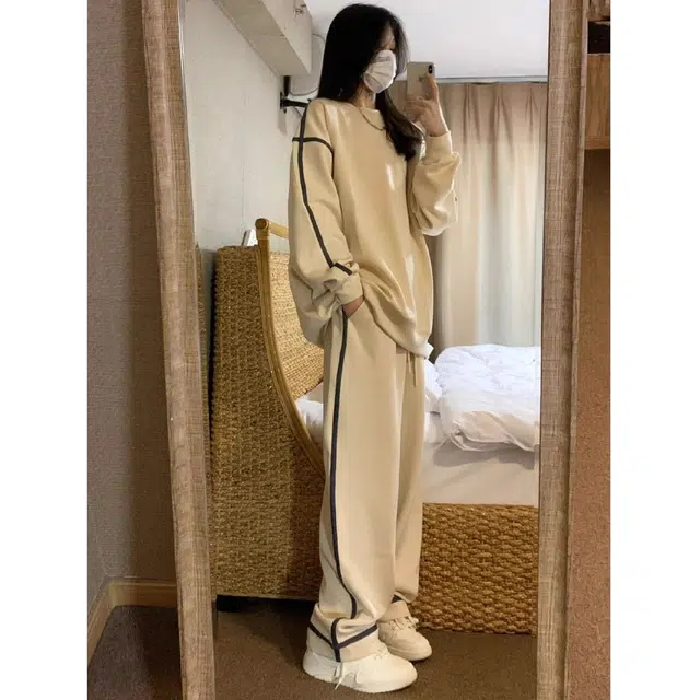 轻迎 慵懒风运动美式设计感宽松显瘦拼接卫衣长裤两件套休闲套装 女款