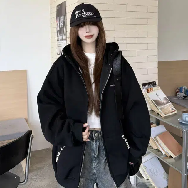 轻迎 美式高街拉链连帽宽松珍珠钉珠百搭外套卫衣 女款
