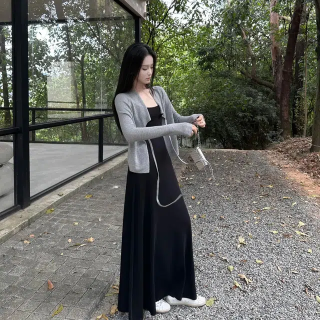 轻迎 法式纯欲风清冷吊带长裙系带针织披肩裙装套装 女款