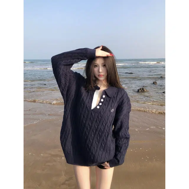 轻迎 慵懒风翻领麻花长袖毛衣宽松上衣高腰显瘦短裤休闲套装 女款