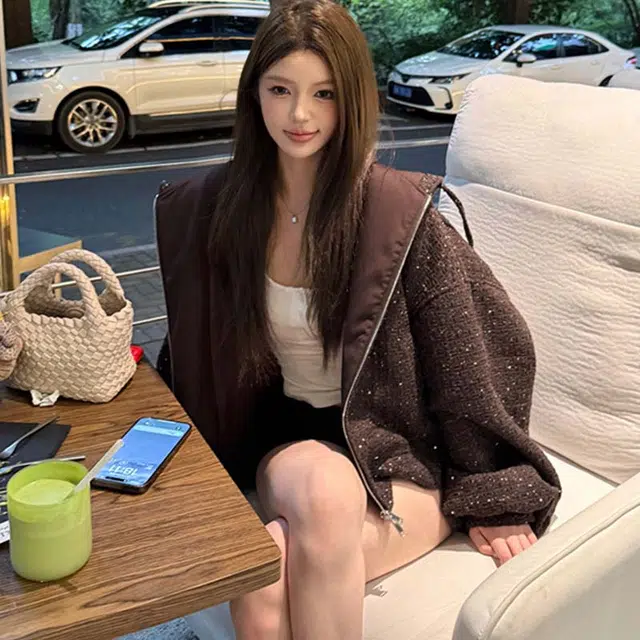 轻迎 小香风连帽呢子轻熟宽松长袖截短外套 女款