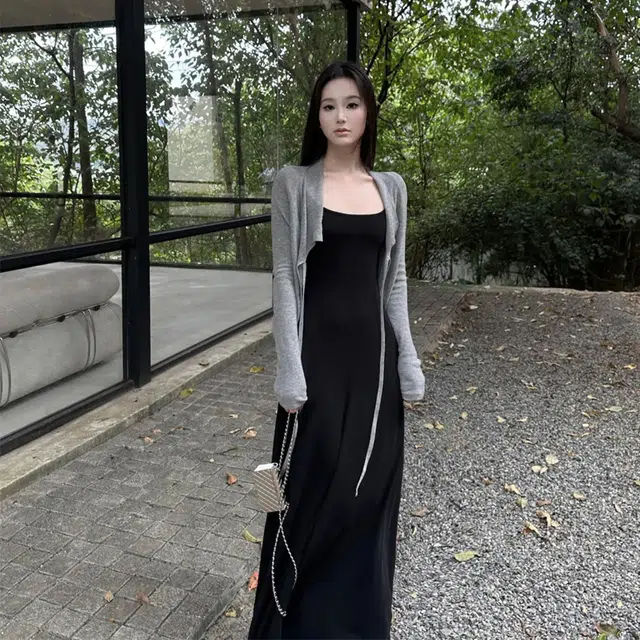 轻迎 法式纯欲风清冷吊带长裙系带针织披肩裙装套装 女款