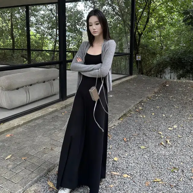轻迎 法式纯欲风清冷吊带长裙系带针织披肩裙装套装 女款