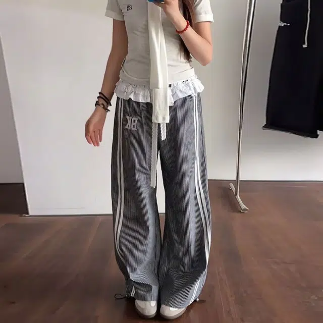 轻迎 美式复古条纹裙嘻哈街头字母百搭阔腿休闲裤 女款