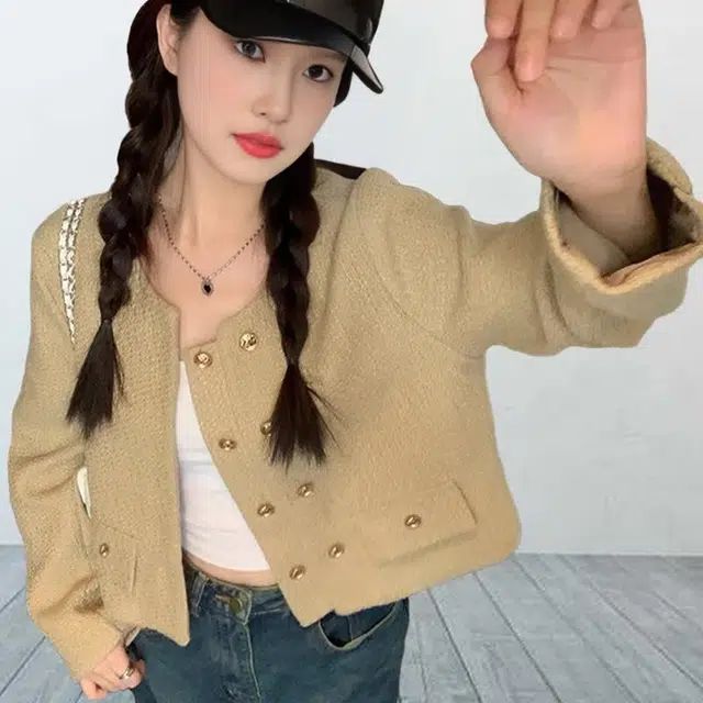 轻迎 小香风圆领长袖短款高级感气质双排扣开衫上衣截短外套 女款