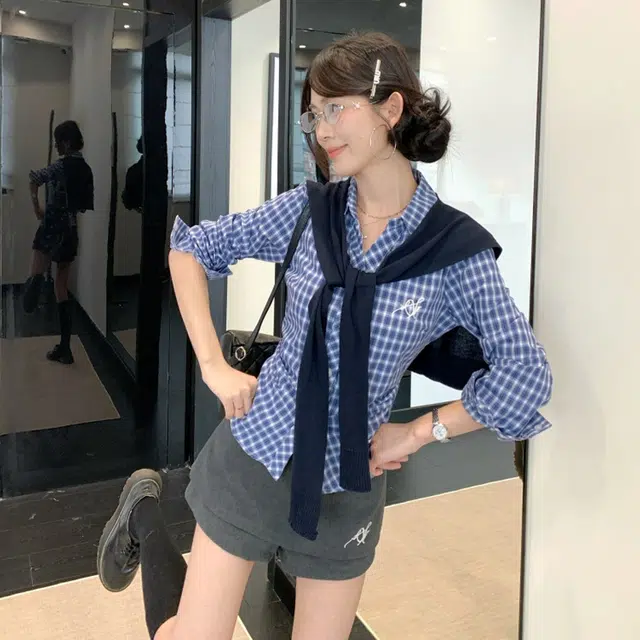 轻迎 学院风披肩格子长袖掐腰衬衫显瘦半身裙裤三件套休闲套装 女款