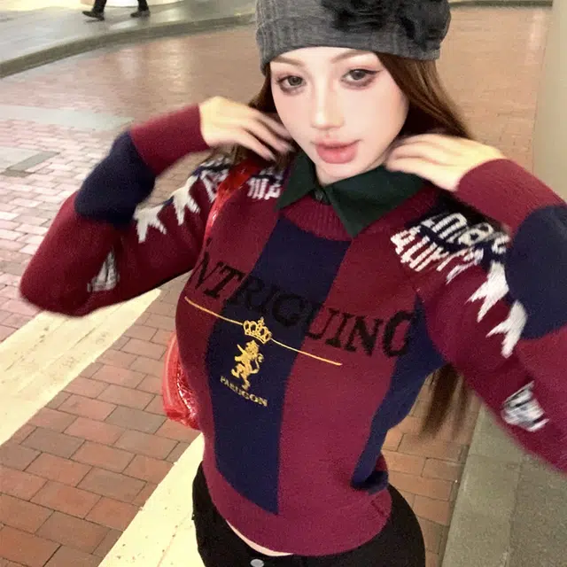 轻迎 美式时尚复古优雅精致假两件修身提花刺绣小众减龄辣妹上衣针织衫 女款