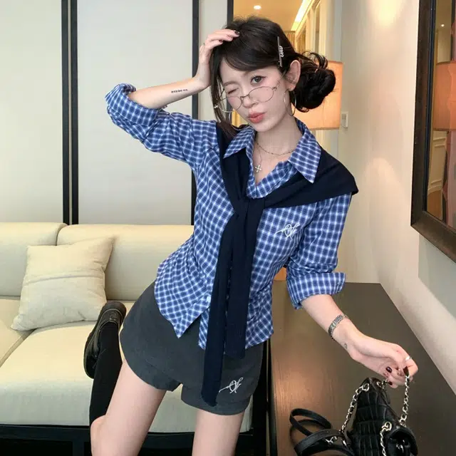 轻迎 学院风披肩格子长袖掐腰衬衫显瘦半身裙裤三件套休闲套装 女款