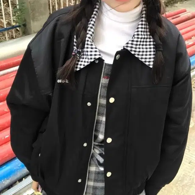 轻迎 美式格子拼接翻领宽松设计感外套夹克 女款
